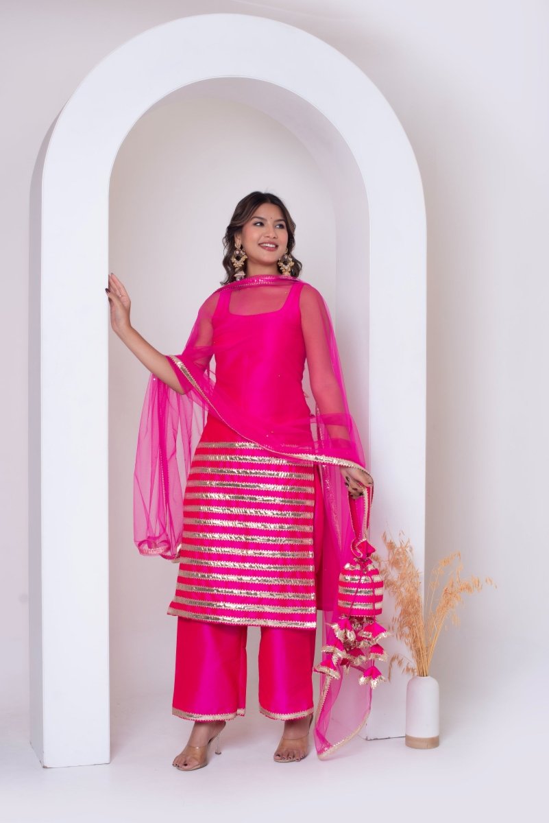 GHAZAL TAFFETA SILK GOTA PATTI SUIT SET WITH SOFT NET DUPATTA - Pomcha Jaipur