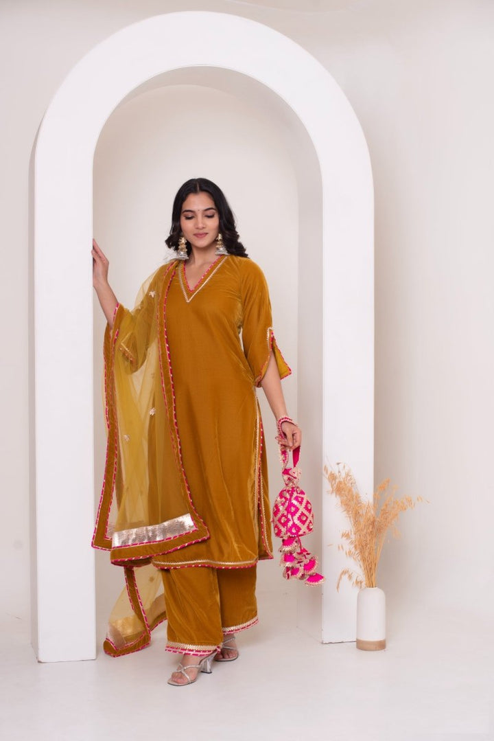 GHAZAL YELLOW VELVET GOTA PATTI SUIT SET WITH SOFT NET DUPATTA - Pomcha Jaipur