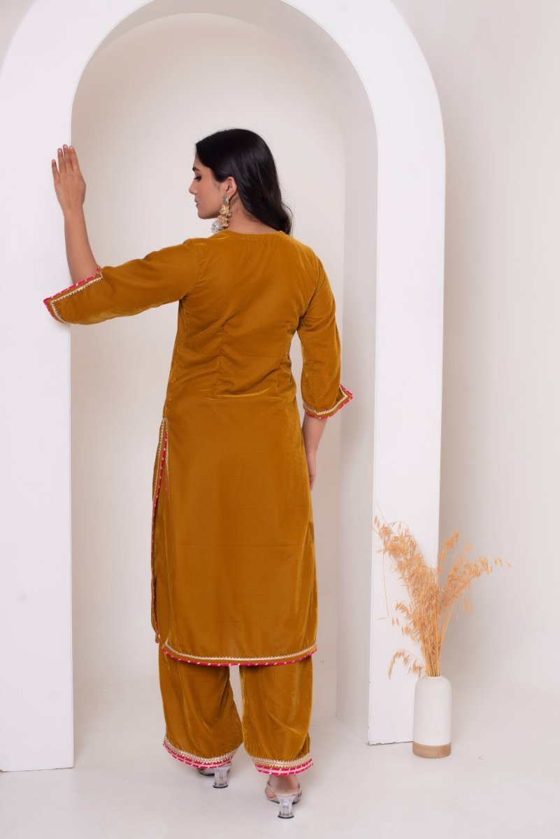 GHAZAL YELLOW VELVET GOTA PATTI SUIT SET WITH SOFT NET DUPATTA - Pomcha Jaipur