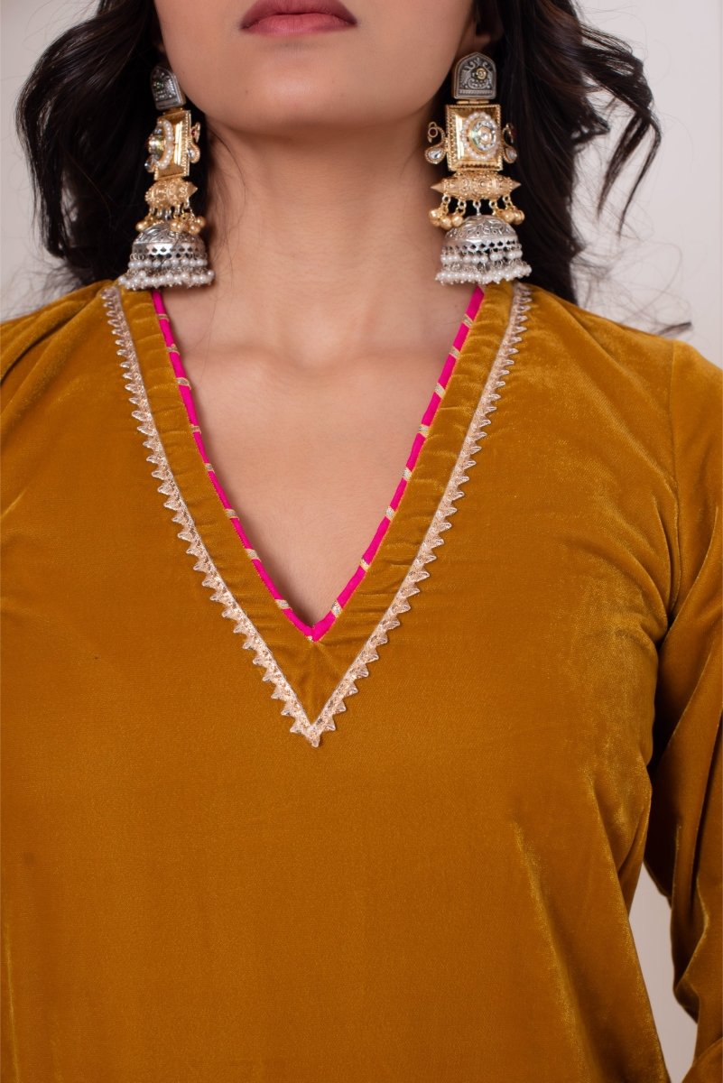 GHAZAL YELLOW VELVET GOTA PATTI SUIT SET WITH SOFT NET DUPATTA - Pomcha Jaipur