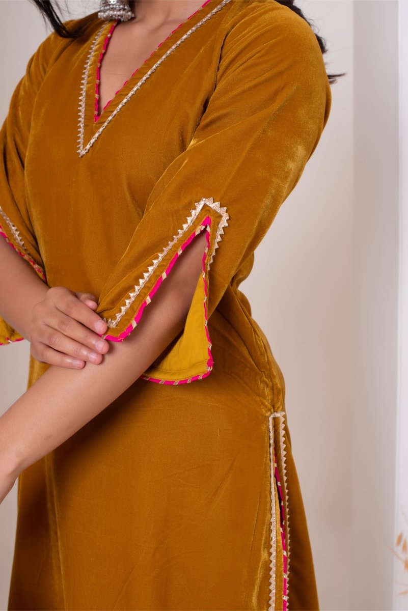 GHAZAL YELLOW VELVET GOTA PATTI SUIT SET WITH SOFT NET DUPATTA - Pomcha Jaipur