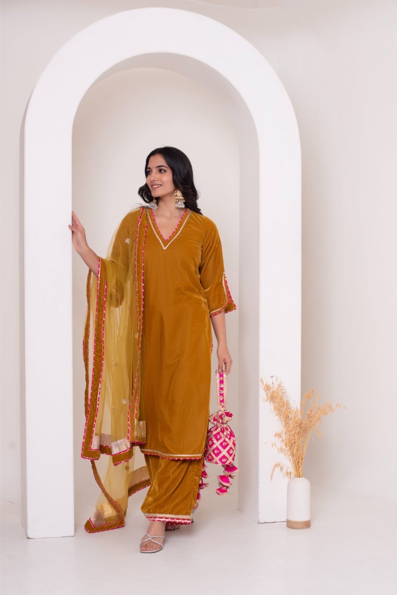 GHAZAL YELLOW VELVET GOTA PATTI SUIT SET WITH SOFT NET DUPATTA - Pomcha Jaipur