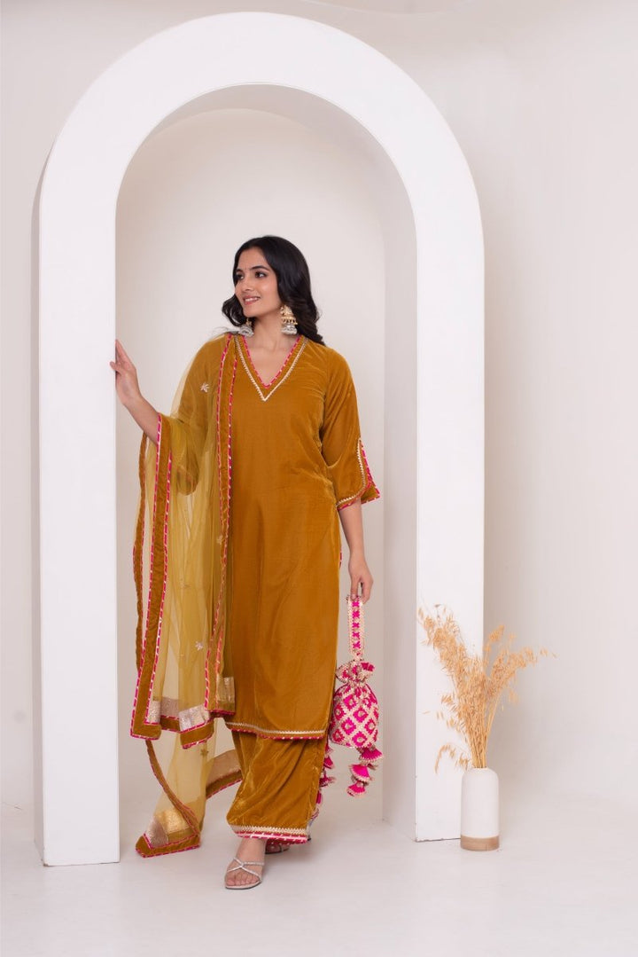 GHAZAL YELLOW VELVET GOTA PATTI SUIT SET WITH SOFT NET DUPATTA - Pomcha Jaipur