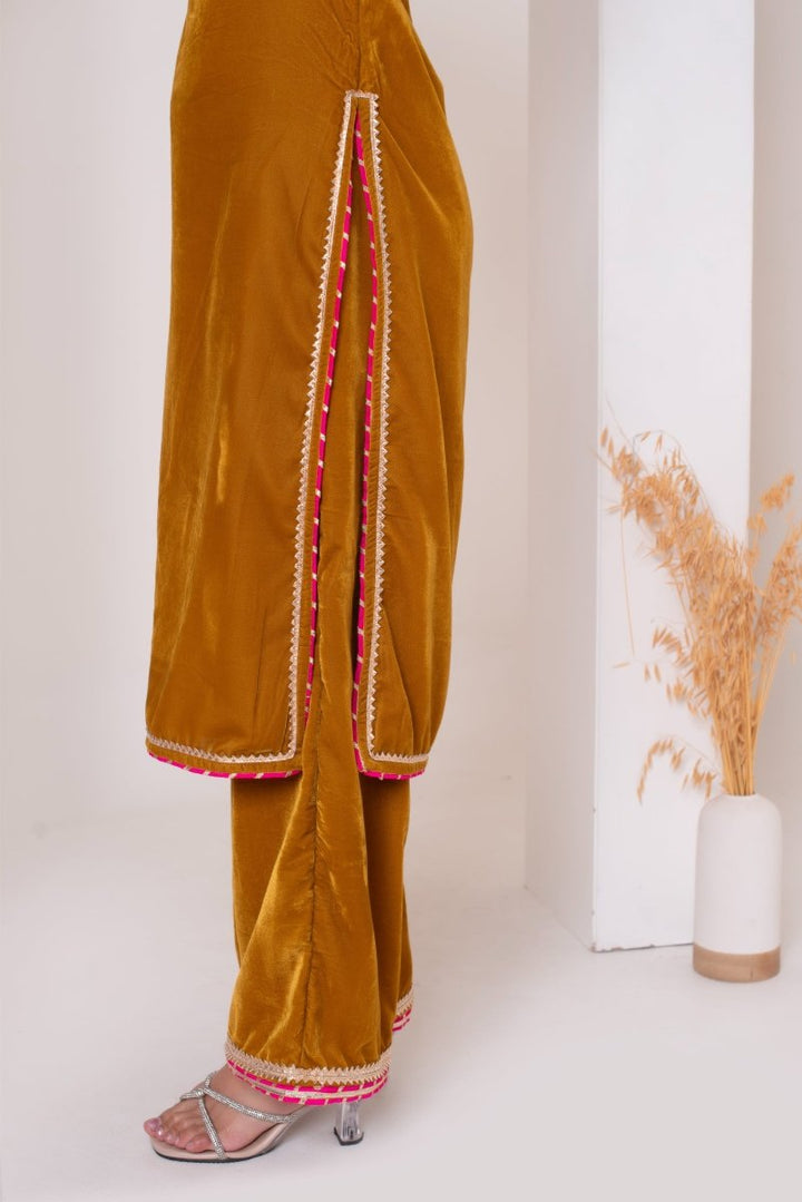 GHAZAL YELLOW VELVET GOTA PATTI SUIT SET WITH SOFT NET DUPATTA - Pomcha Jaipur