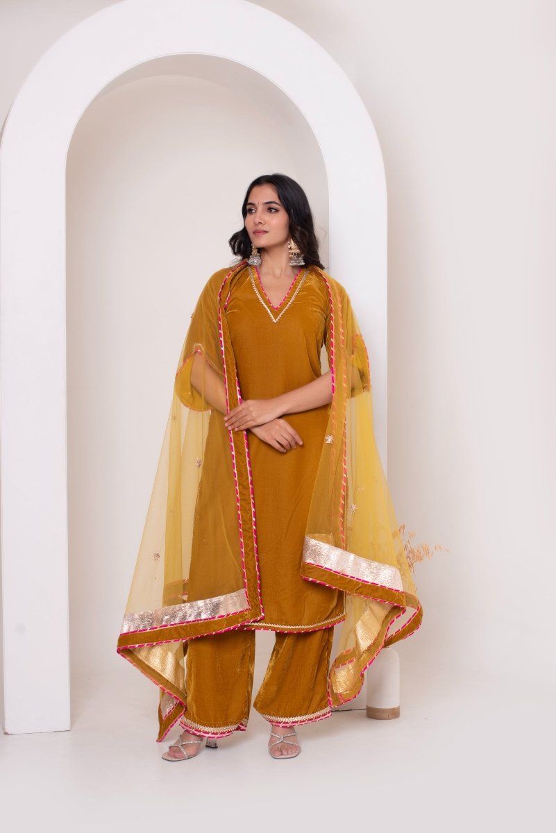 GHAZAL YELLOW VELVET GOTA PATTI SUIT SET WITH SOFT NET DUPATTA - Pomcha Jaipur