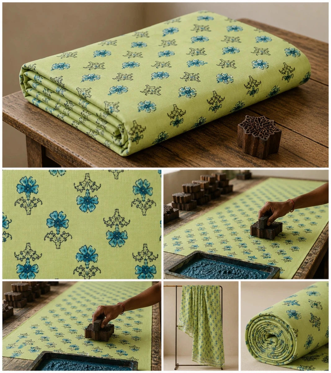 GREEN BUTI COTTON HAND BLOCK PRINT - Pomcha Jaipur