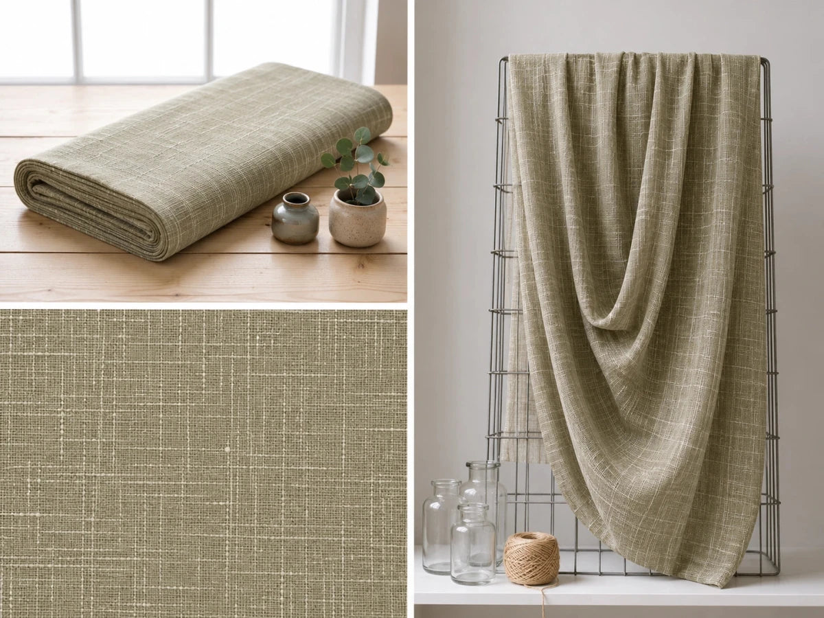 GREEN OLIVE MIST PURE COTTON SLUB FABRIC - Pomcha Jaipur