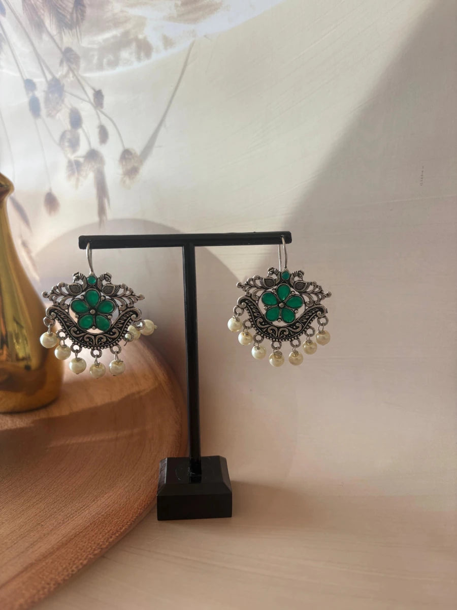 GREEN SILVER OXIDISED STONE STUDDED EARRING SET - Pomcha Jaipur