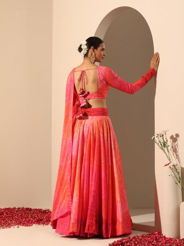 GUL BAHAAR ORANGE PINK MUSLIN SILK LEHENGA WITH Chiffon DUPATTA SET - Pomcha Jaipur