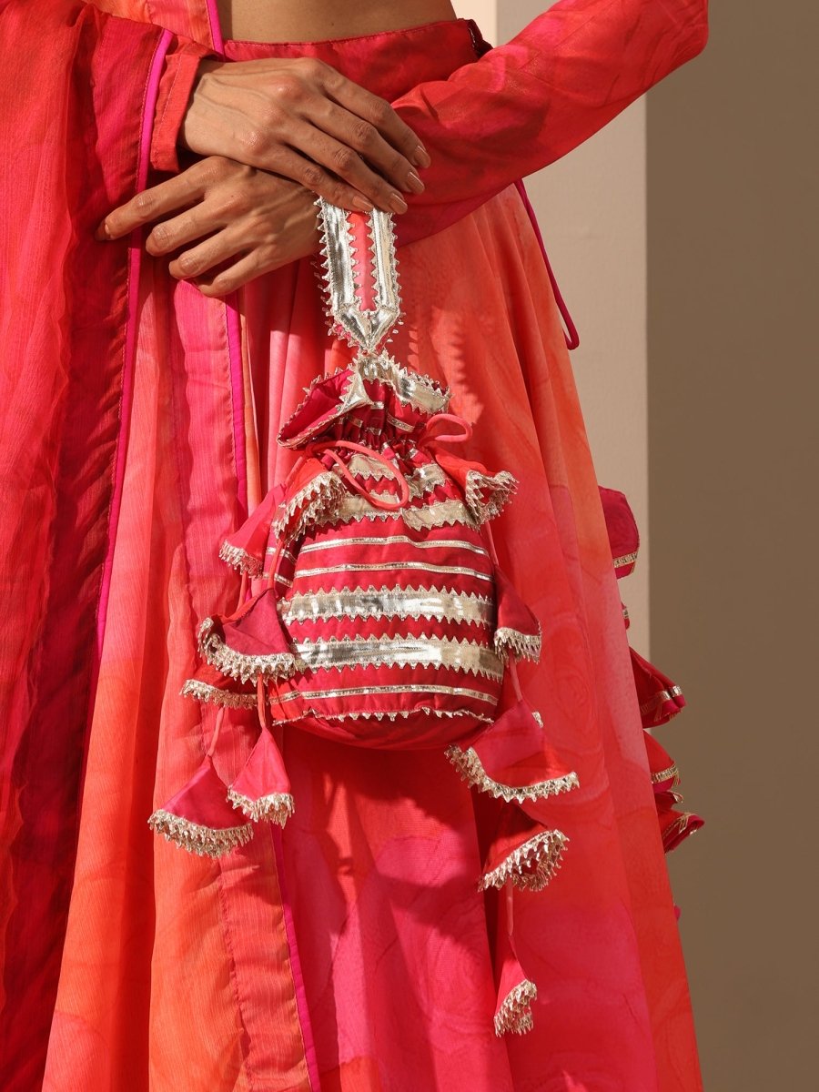 GUL BAHAAR ORANGE PINK MUSLIN SILK LEHENGA WITH Chiffon DUPATTA SET - Pomcha Jaipur