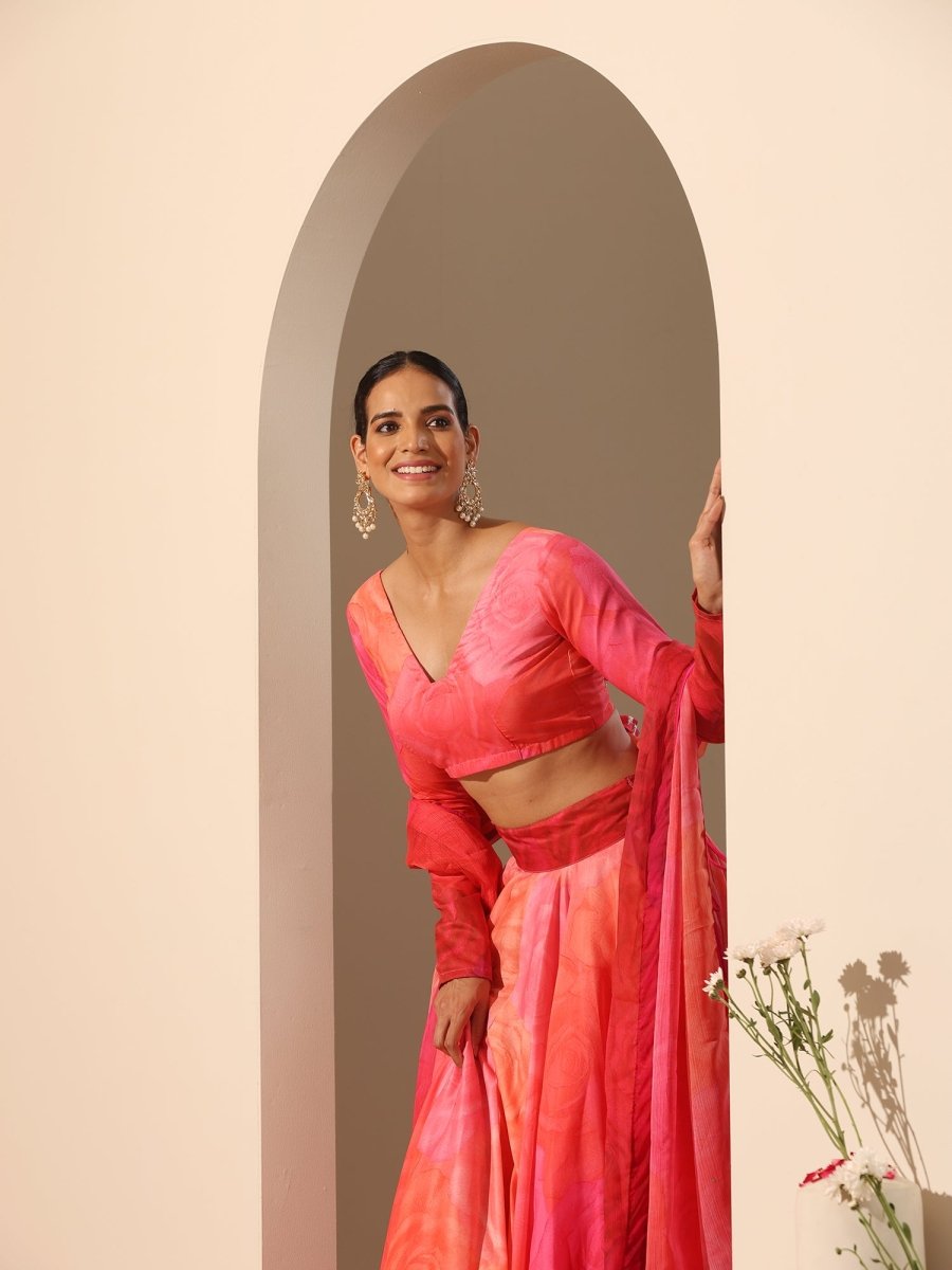 GUL BAHAAR ORANGE PINK MUSLIN SILK LEHENGA WITH Chiffon DUPATTA SET - Pomcha Jaipur
