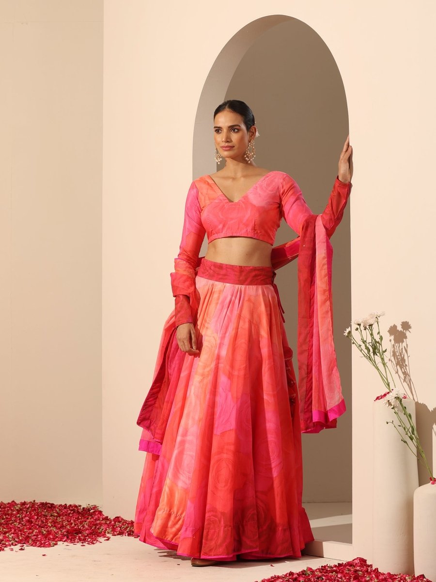 GUL BAHAAR ORANGE PINK MUSLIN SILK LEHENGA WITH Chiffon DUPATTA SET - Pomcha Jaipur