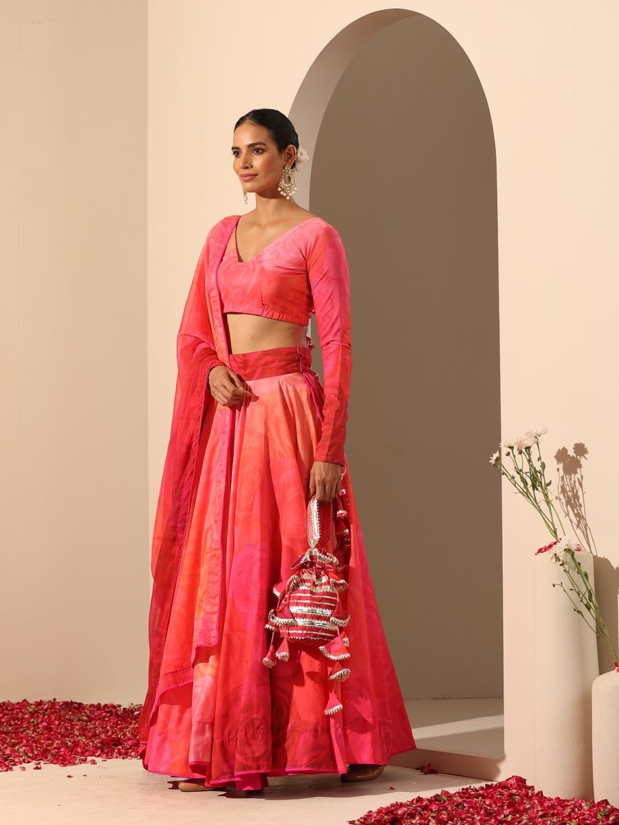 GUL BAHAAR ORANGE PINK MUSLIN SILK LEHENGA WITH Chiffon DUPATTA SET - Pomcha Jaipur