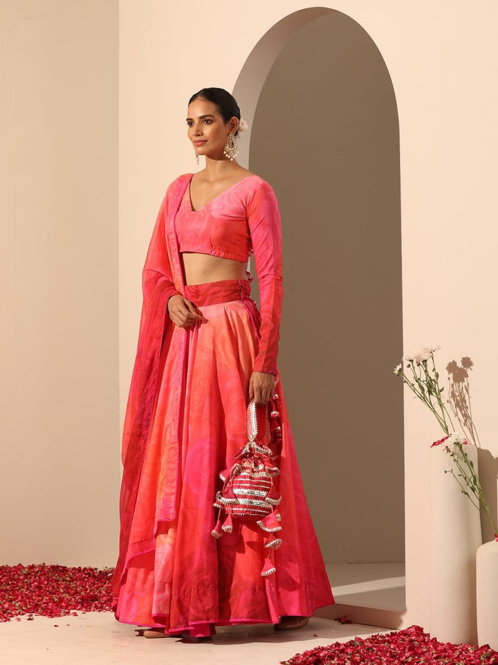 GUL BAHAAR ORANGE PINK MUSLIN SILK LEHENGA WITH Chiffon DUPATTA SET - Pomcha Jaipur