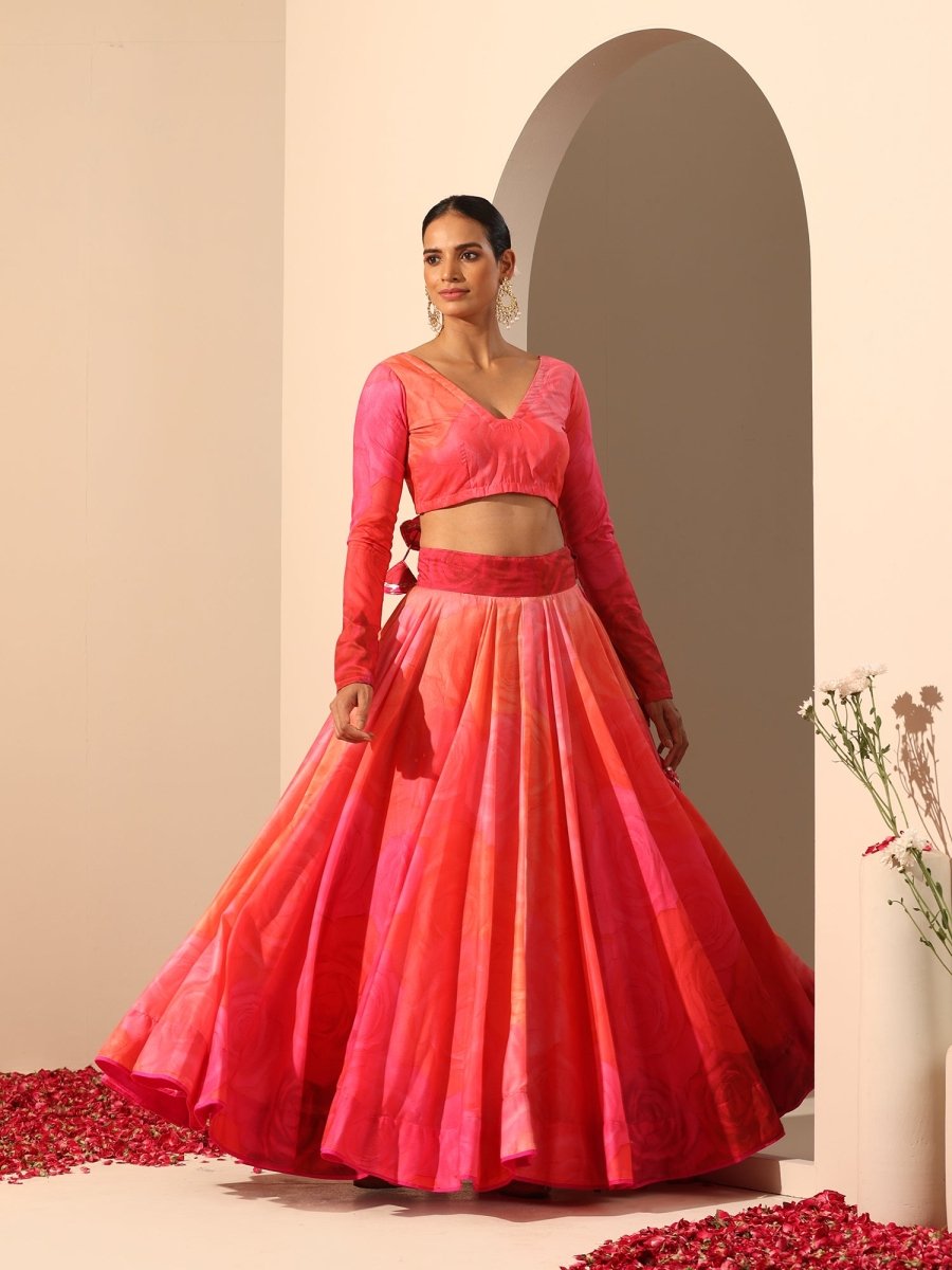 GUL BAHAAR ORANGE PINK MUSLIN SILK LEHENGA WITH Chiffon DUPATTA SET - Pomcha Jaipur