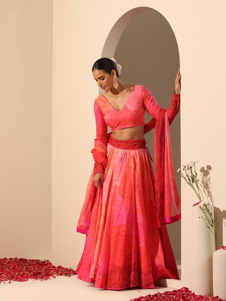 GUL BAHAAR ORANGE PINK MUSLIN SILK LEHENGA WITH Chiffon DUPATTA SET - Pomcha Jaipur