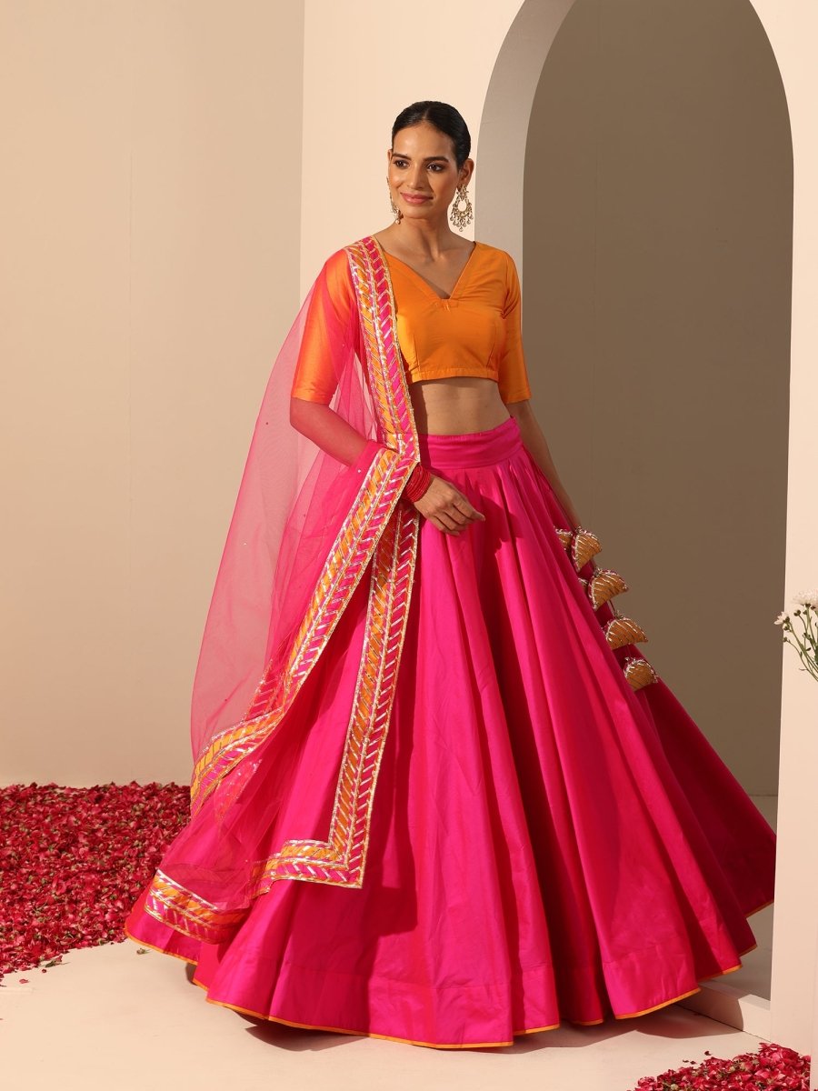 GUL HOT PINK TAFFETA SILK LEHENGA WITH LACE WORK SOFTNET DUPATTA SET - Pomcha Jaipur