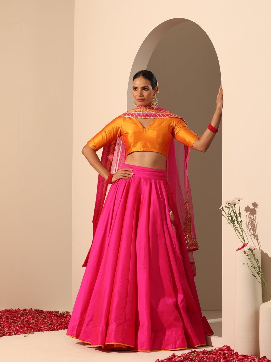 GUL HOT PINK TAFFETA SILK LEHENGA WITH LACE WORK SOFTNET DUPATTA SET - Pomcha Jaipur