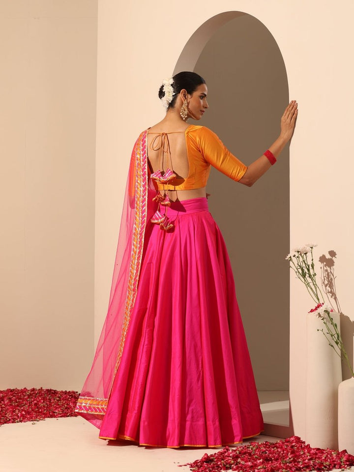 GUL HOT PINK TAFFETA SILK LEHENGA WITH LACE WORK SOFTNET DUPATTA SET - Pomcha Jaipur