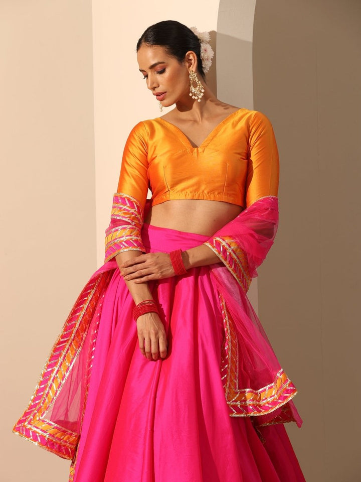 GUL HOT PINK TAFFETA SILK LEHENGA WITH LACE WORK SOFTNET DUPATTA SET - Pomcha Jaipur
