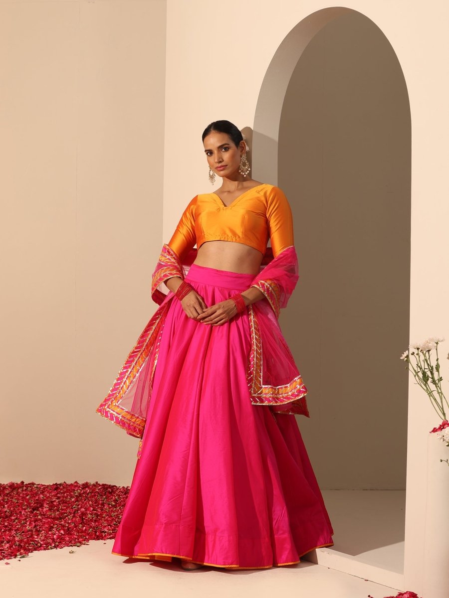 GUL HOT PINK TAFFETA SILK LEHENGA WITH LACE WORK SOFTNET DUPATTA SET - Pomcha Jaipur