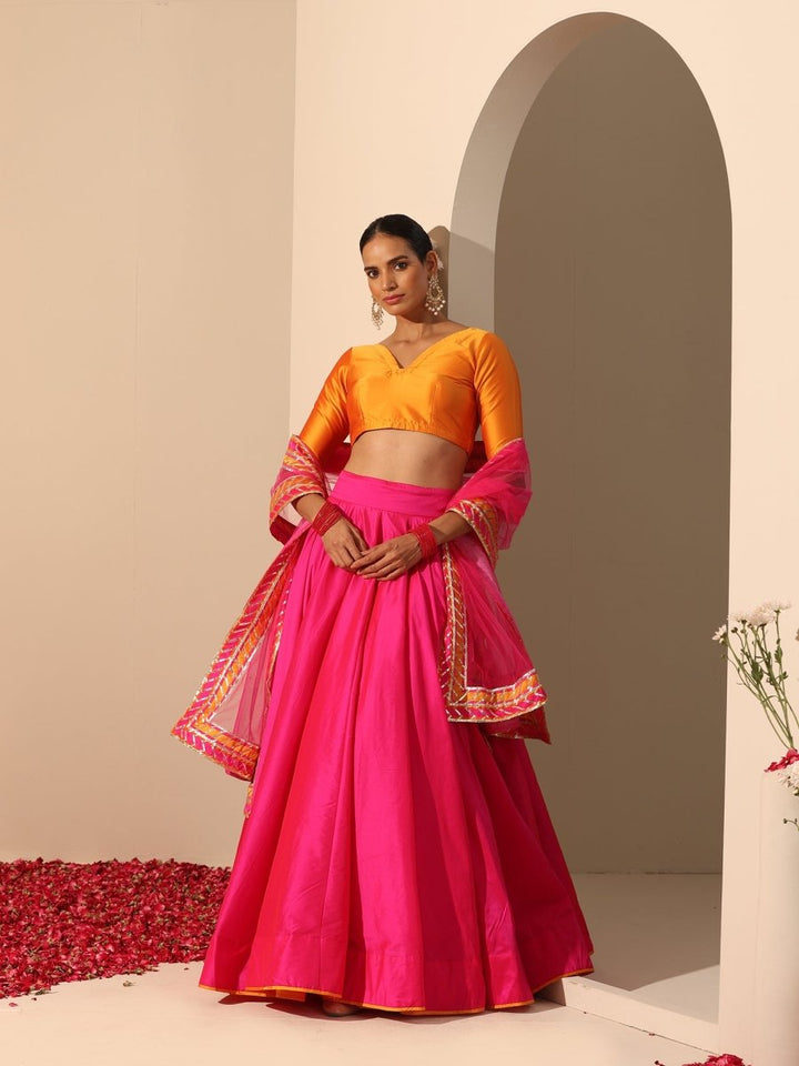 GUL HOT PINK TAFFETA SILK LEHENGA WITH LACE WORK SOFTNET DUPATTA SET - Pomcha Jaipur
