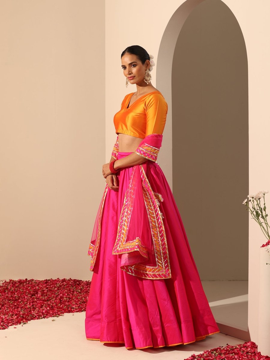 GUL HOT PINK TAFFETA SILK LEHENGA WITH LACE WORK SOFTNET DUPATTA SET - Pomcha Jaipur