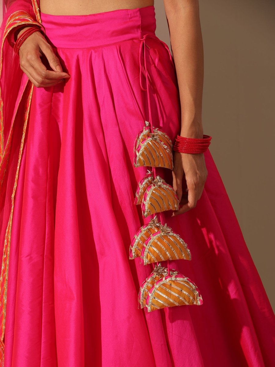 GUL HOT PINK TAFFETA SILK LEHENGA WITH LACE WORK SOFTNET DUPATTA SET - Pomcha Jaipur