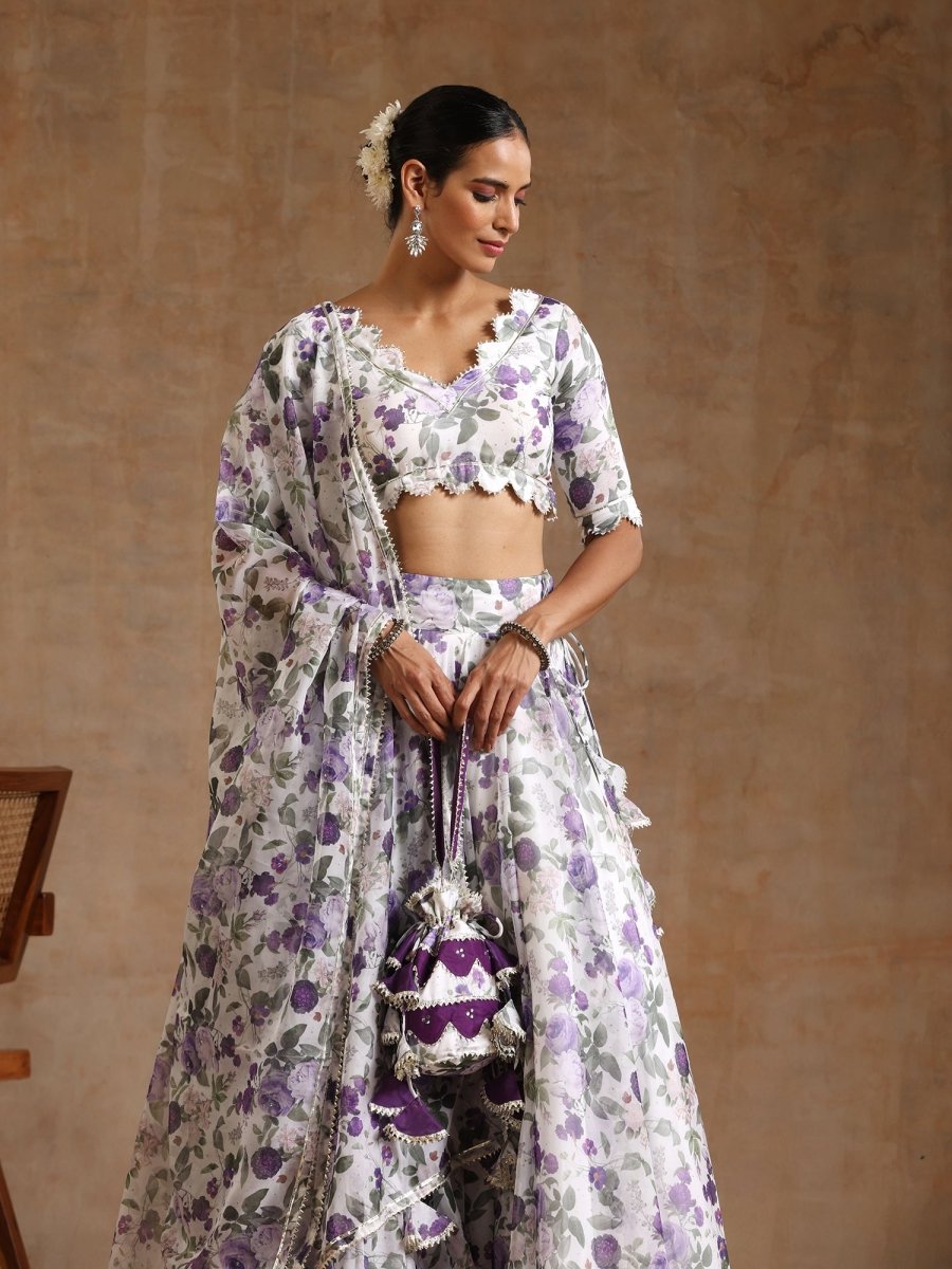 GUL JAMINI PURPLE ORGANZA LEHENGA WITH ORGANZA DUPATTA SET - Pomcha Jaipur