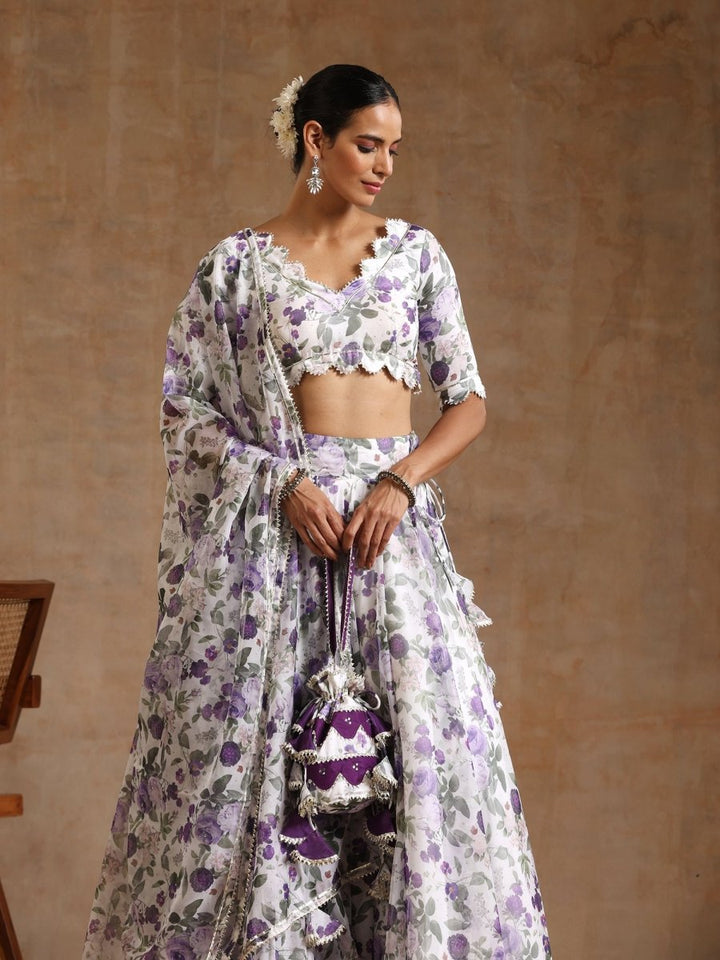 GUL JAMINI PURPLE ORGANZA LEHENGA WITH ORGANZA DUPATTA SET - Pomcha Jaipur