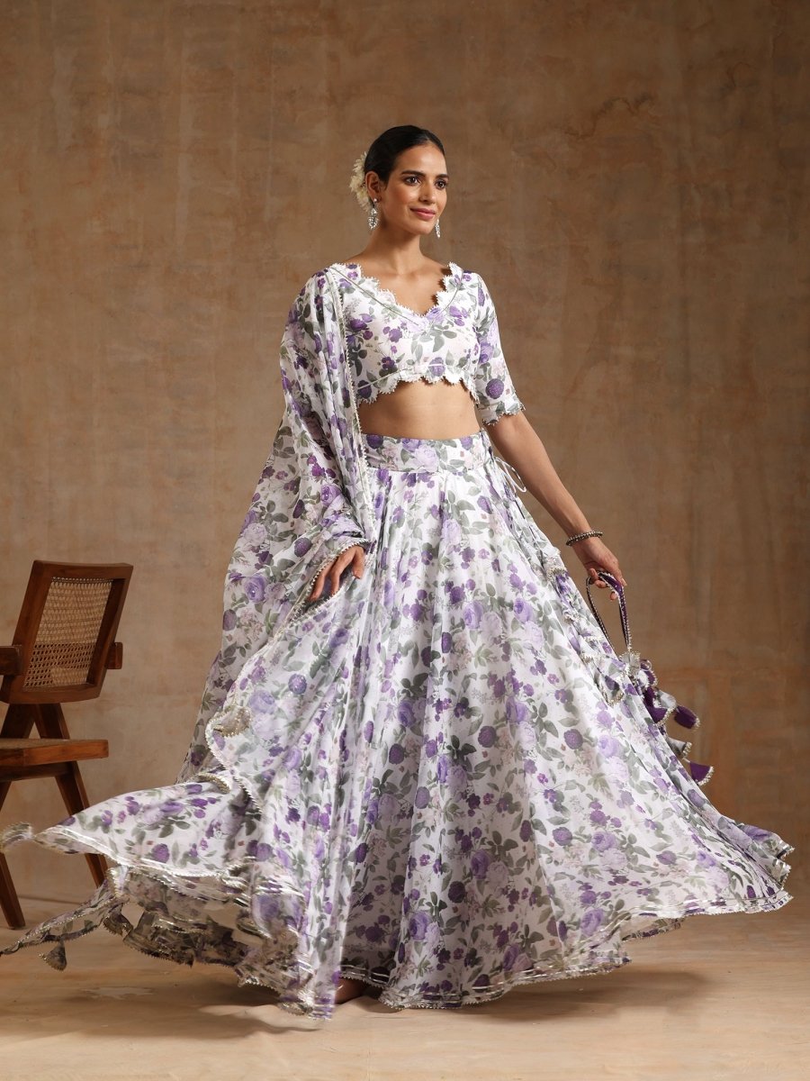 GUL JAMINI PURPLE ORGANZA LEHENGA WITH ORGANZA DUPATTA SET - Pomcha Jaipur