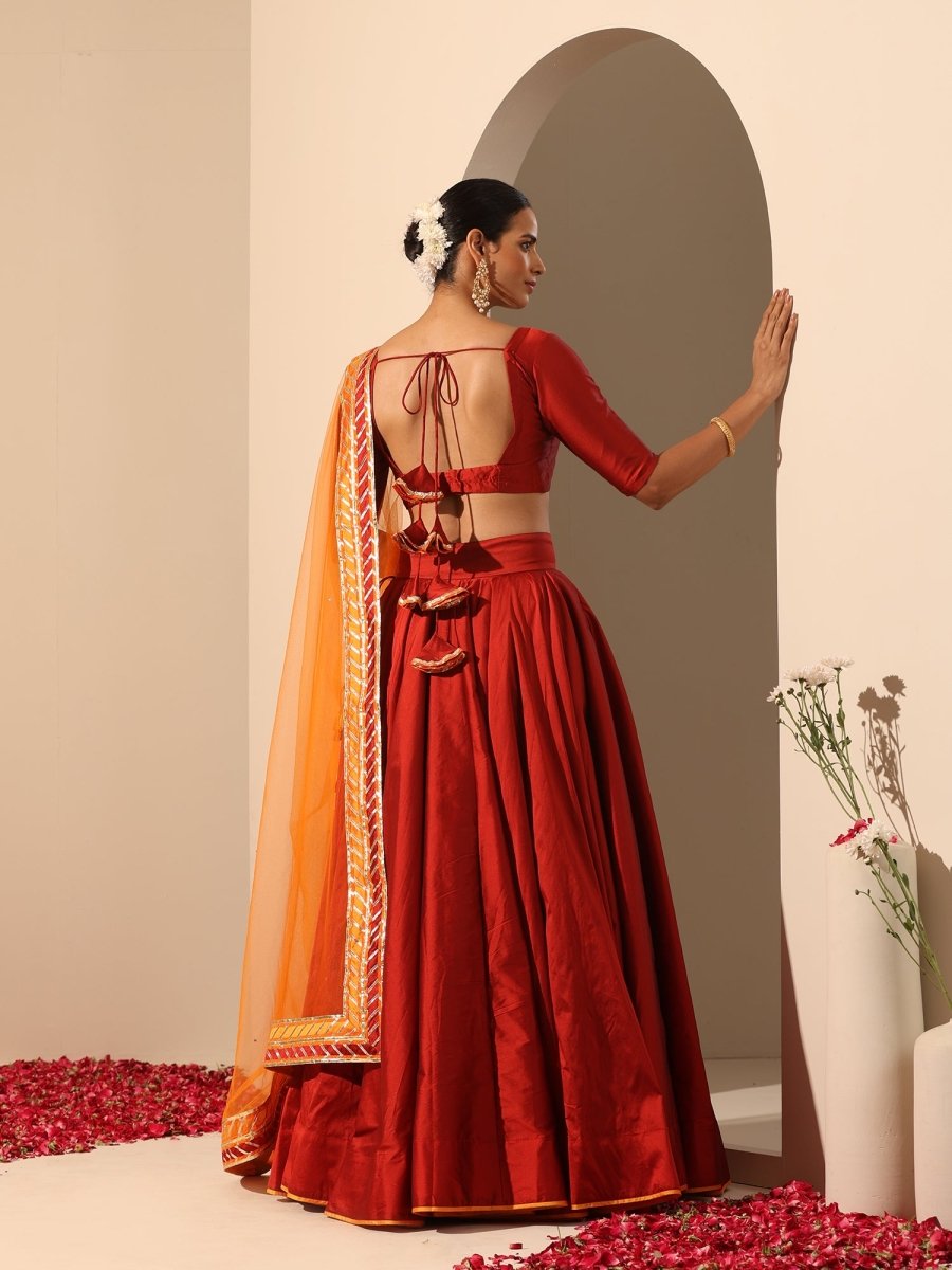 GUL MAROON TAFFETA SILK LEHENGA WITH LACE WORK SOFT NET DUPATTA SET - Pomcha Jaipur