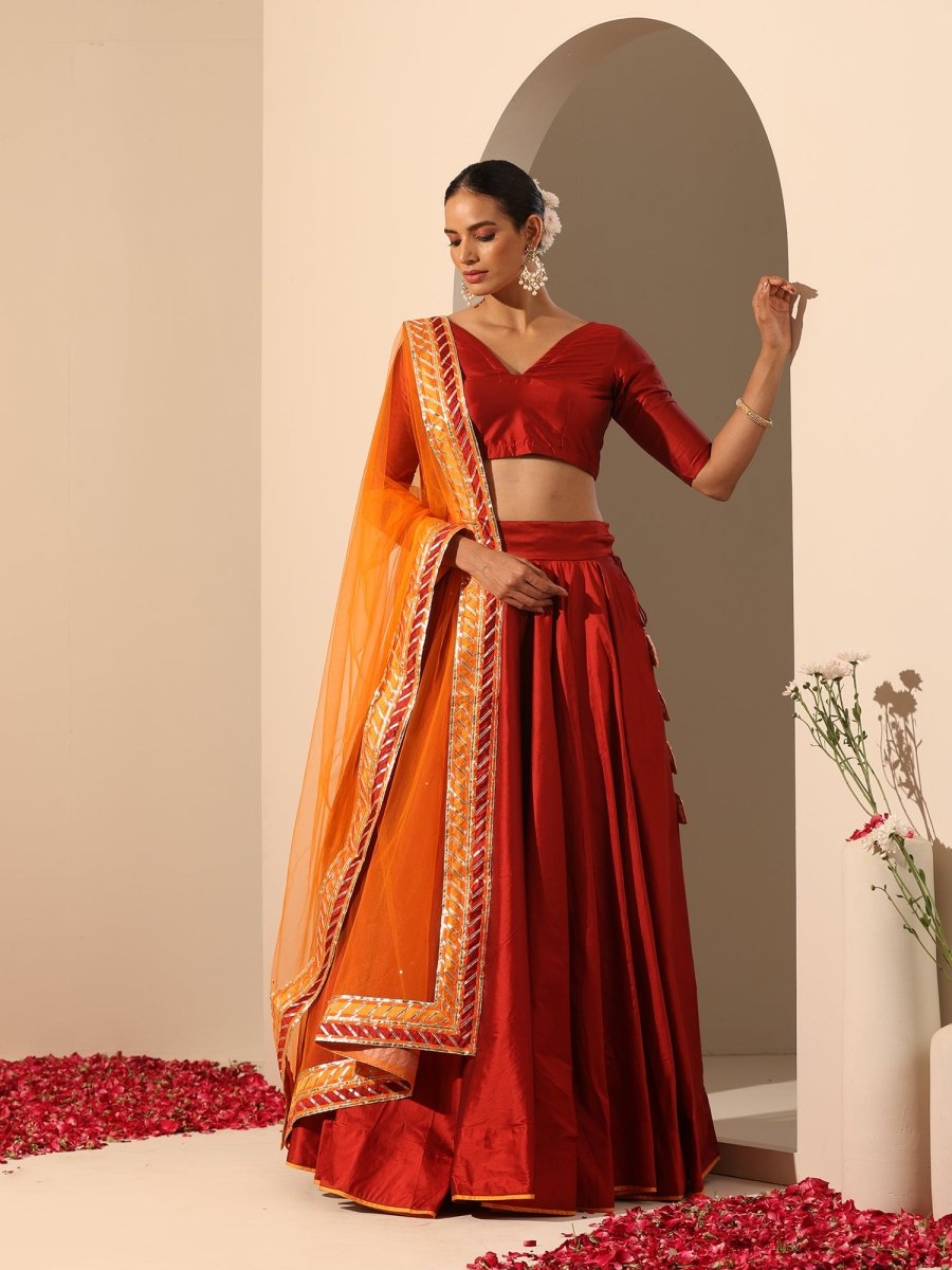 GUL MAROON TAFFETA SILK LEHENGA WITH LACE WORK SOFT NET DUPATTA SET - Pomcha Jaipur