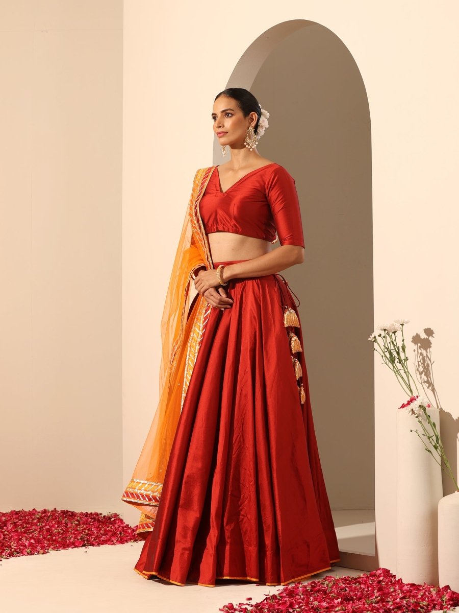 GUL MAROON TAFFETA SILK LEHENGA WITH LACE WORK SOFT NET DUPATTA SET - Pomcha Jaipur