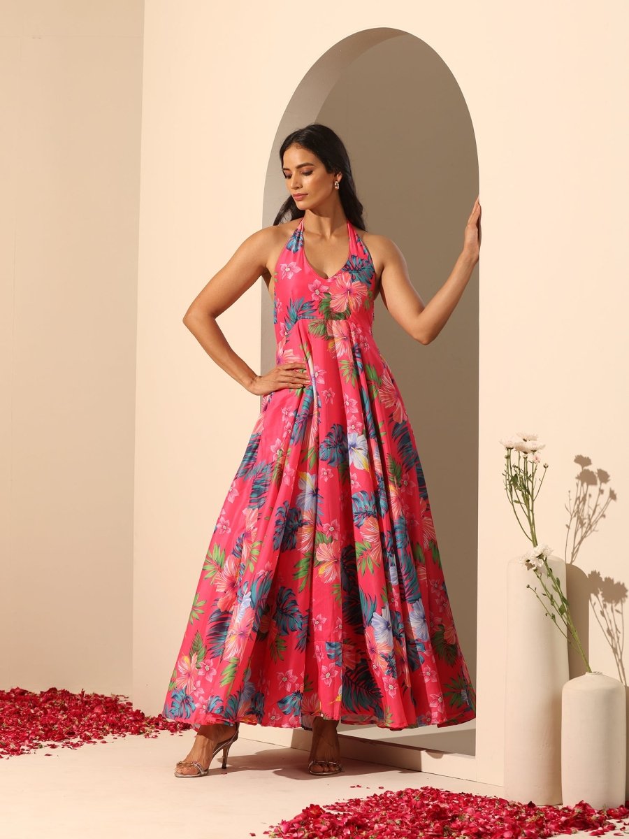 GUL QUDRAT HALTER NECK DRESS - Pomcha Jaipur