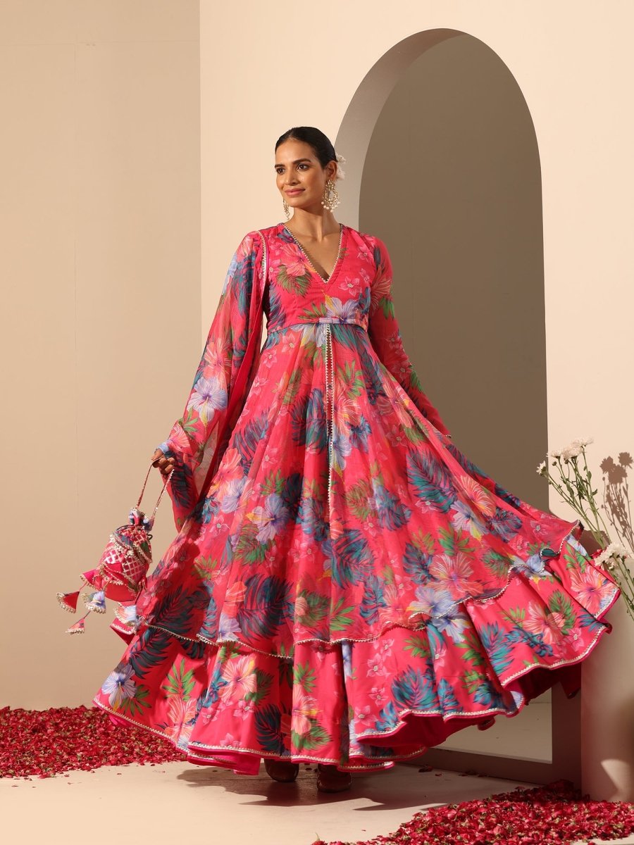 GUL QUDRAT pink muslin silk LEHENGA with digital print chiffon dupatta set - Pomcha Jaipur