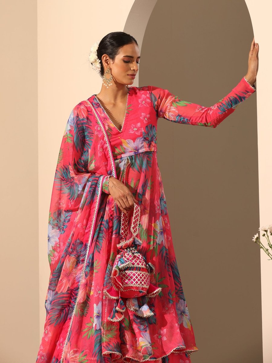 GUL QUDRAT pink muslin silk LEHENGA with digital print chiffon dupatta set - Pomcha Jaipur