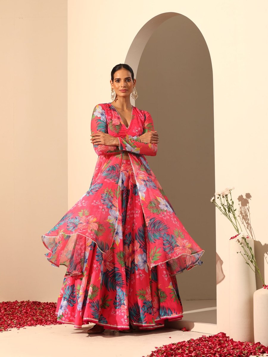 GUL QUDRAT pink muslin silk LEHENGA with digital print chiffon dupatta set - Pomcha Jaipur