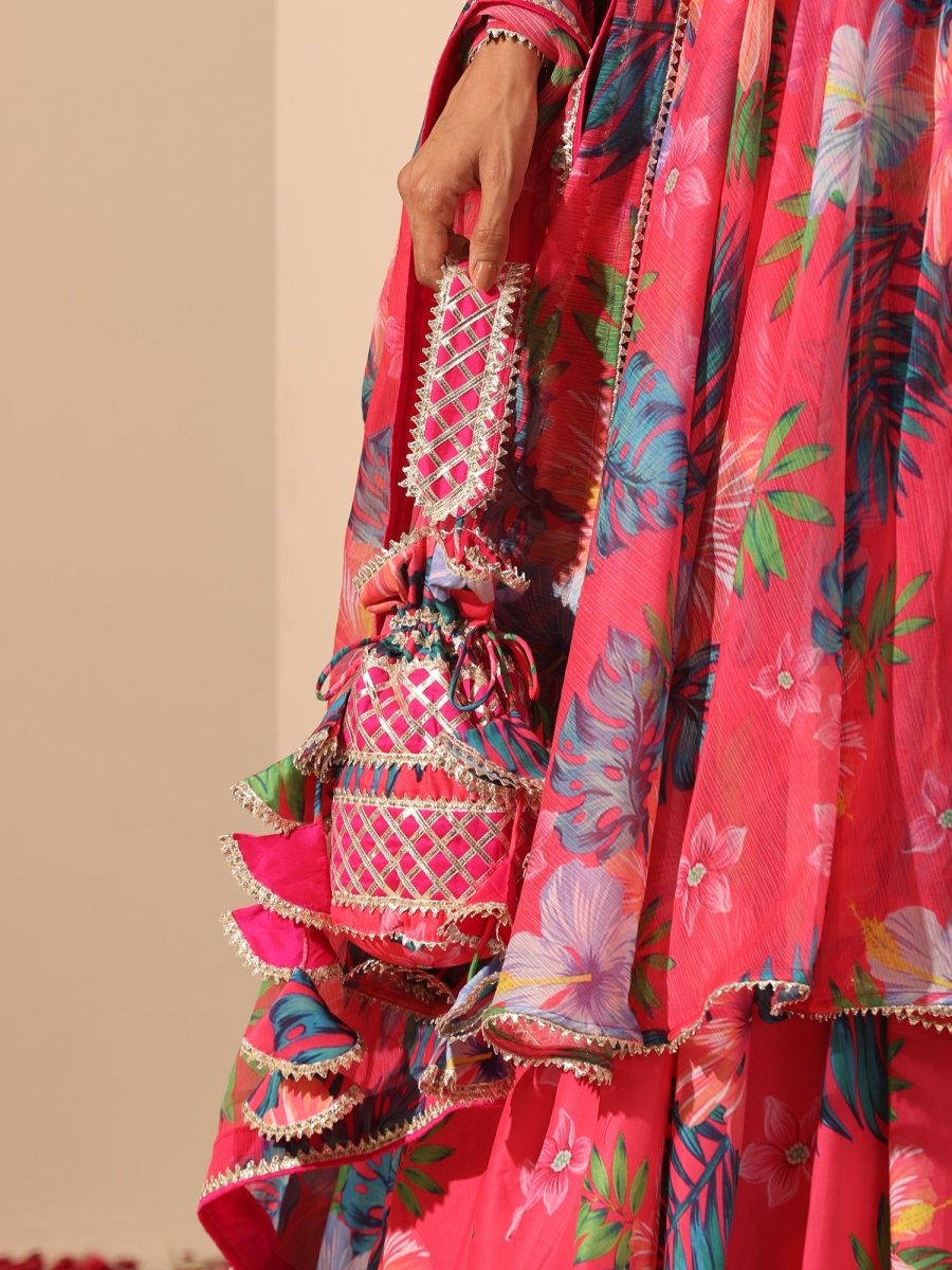 GUL QUDRAT pink muslin silk LEHENGA with digital print chiffon dupatta set - Pomcha Jaipur