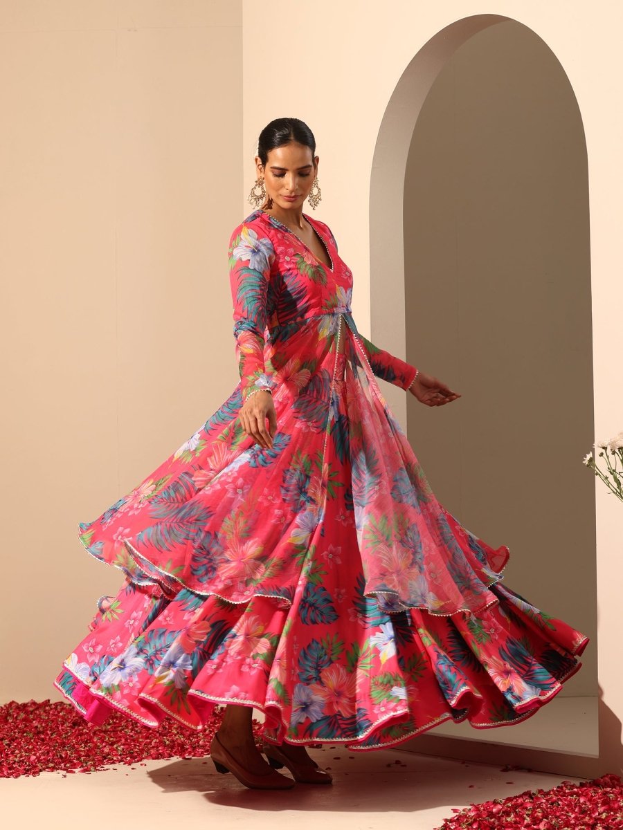 GUL QUDRAT pink muslin silk LEHENGA with digital print chiffon dupatta set - Pomcha Jaipur
