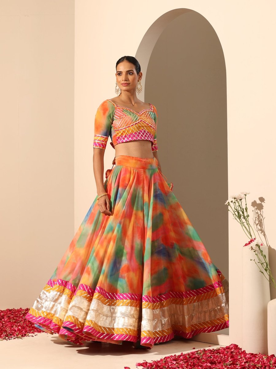 GUL RANGBIRANGI MULTICOLOR GEORGETTE LEHENGA WITH LACE WORK AND SOFT NET DUPATTA SET - Pomcha Jaipur