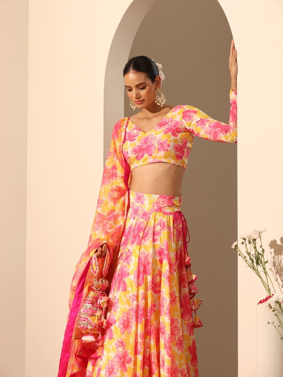 GUL RANGREZ YELLOW MUSLIN SILK LEHENGA WITH CHIFFON DUPATTA SET - Pomcha Jaipur