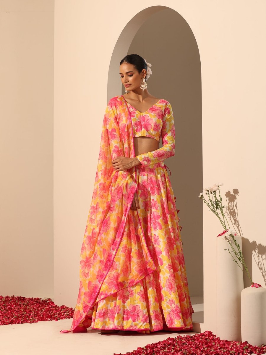 GUL RANGREZ YELLOW MUSLIN SILK LEHENGA WITH CHIFFON DUPATTA SET - Pomcha Jaipur