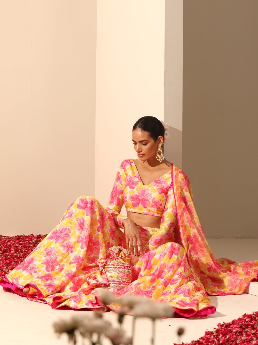 GUL RANGREZ YELLOW MUSLIN SILK LEHENGA WITH CHIFFON DUPATTA SET - Pomcha Jaipur