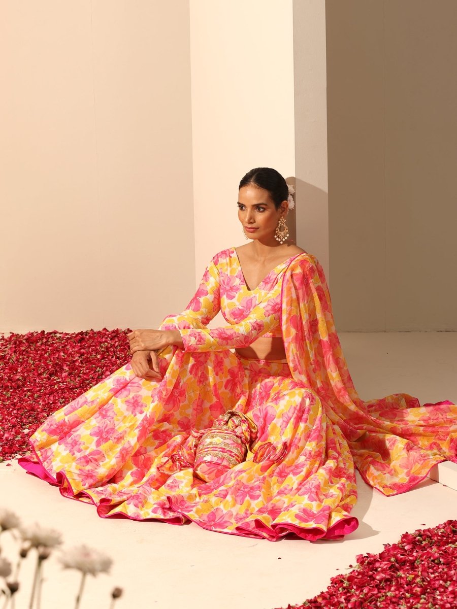 GUL RANGREZ YELLOW MUSLIN SILK LEHENGA WITH CHIFFON DUPATTA SET - Pomcha Jaipur
