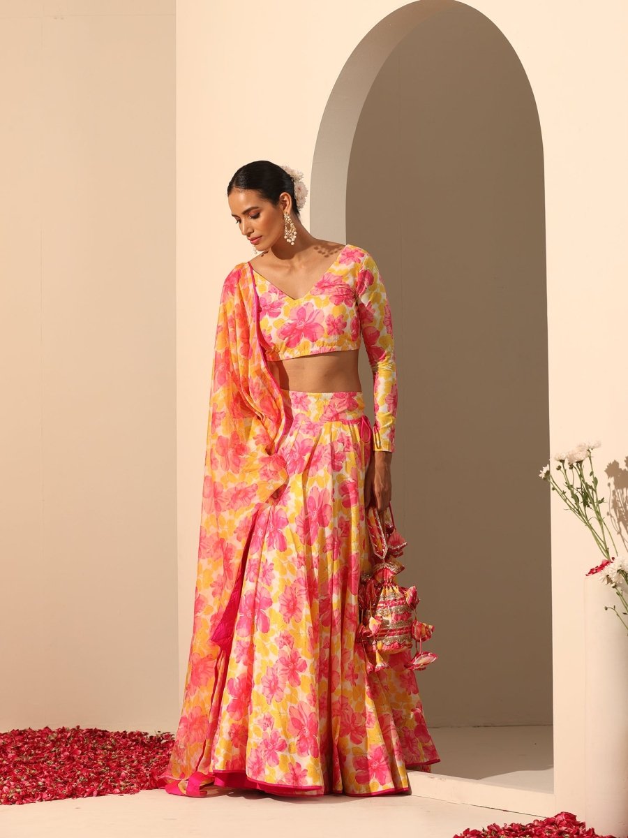 GUL RANGREZ YELLOW MUSLIN SILK LEHENGA WITH CHIFFON DUPATTA SET - Pomcha Jaipur