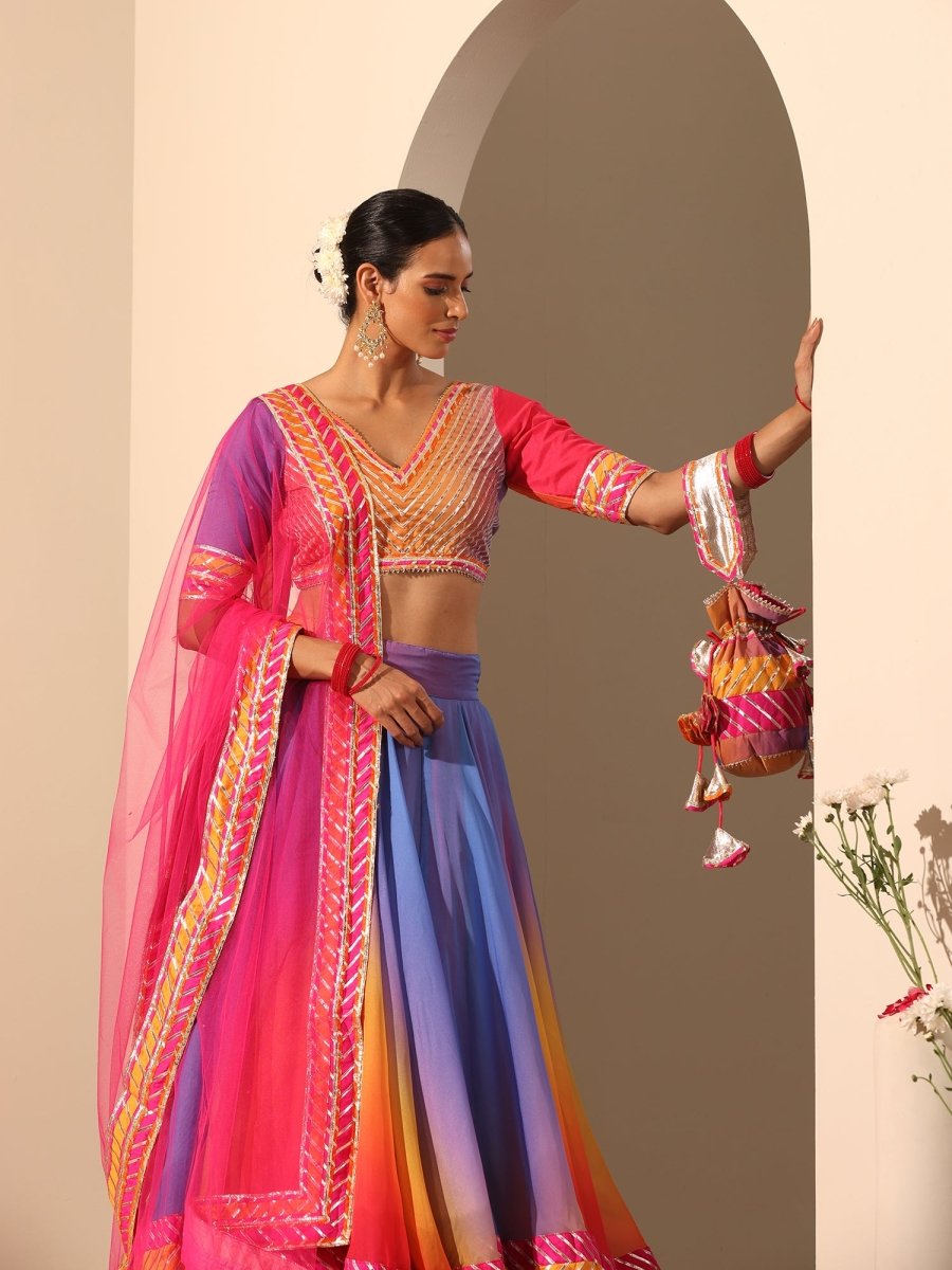 GUL RANGRITI MULTICOLOR ORGANZA LAPPA WORK LEHENGA WITH SOFT NET DUPATTA - Pomcha Jaipur