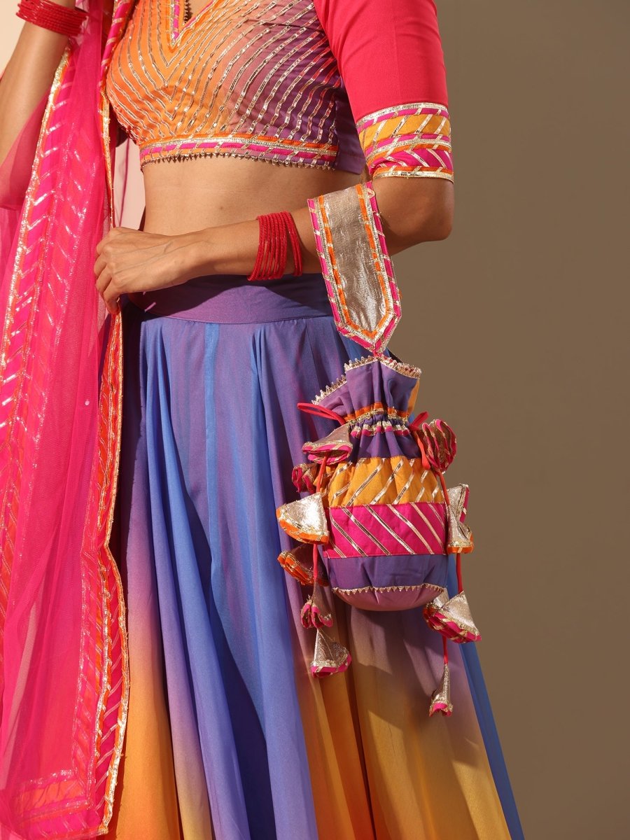 GUL RANGRITI MULTICOLOR ORGANZA LAPPA WORK LEHENGA WITH SOFT NET DUPATTA - Pomcha Jaipur