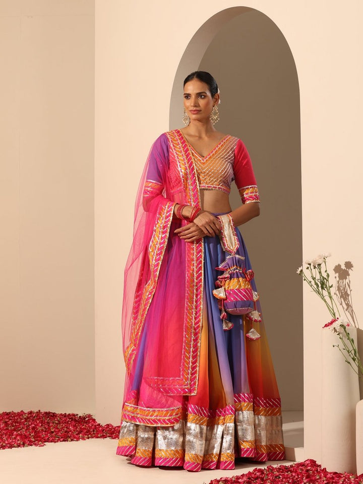 GUL RANGRITI MULTICOLOR ORGANZA LAPPA WORK LEHENGA WITH SOFT NET DUPATTA - Pomcha Jaipur