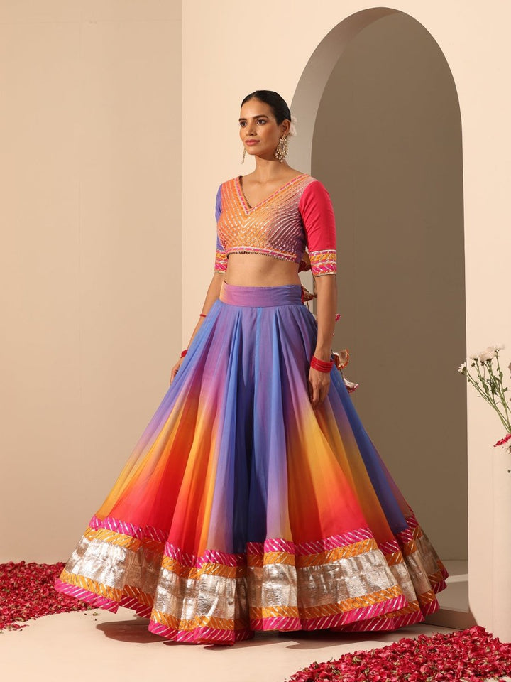 GUL RANGRITI MULTICOLOR ORGANZA LAPPA WORK LEHENGA WITH SOFT NET DUPATTA - Pomcha Jaipur